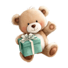 Cute teddy bear holding gift box, perfect for celebration themes. This adorable character brings joy and warmth, making it ideal for various festive occasions