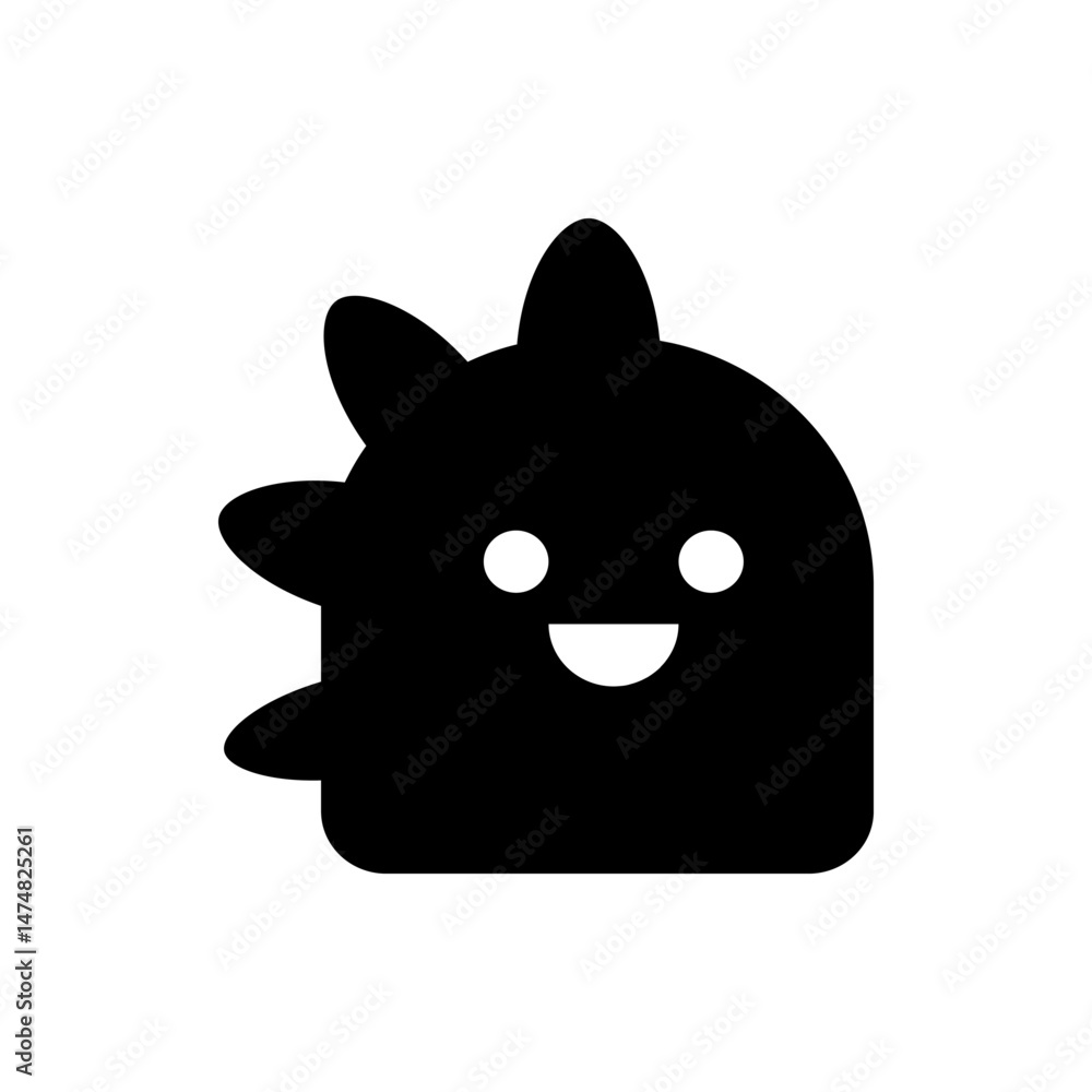 Aufkleber Cartoonish black blob with rounded edges featuring a smiling face and spiky protrusions on the left side