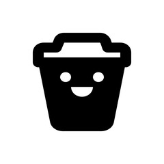 Illustration of a black waste bin icon with a smiling face and a handle on a plain white background