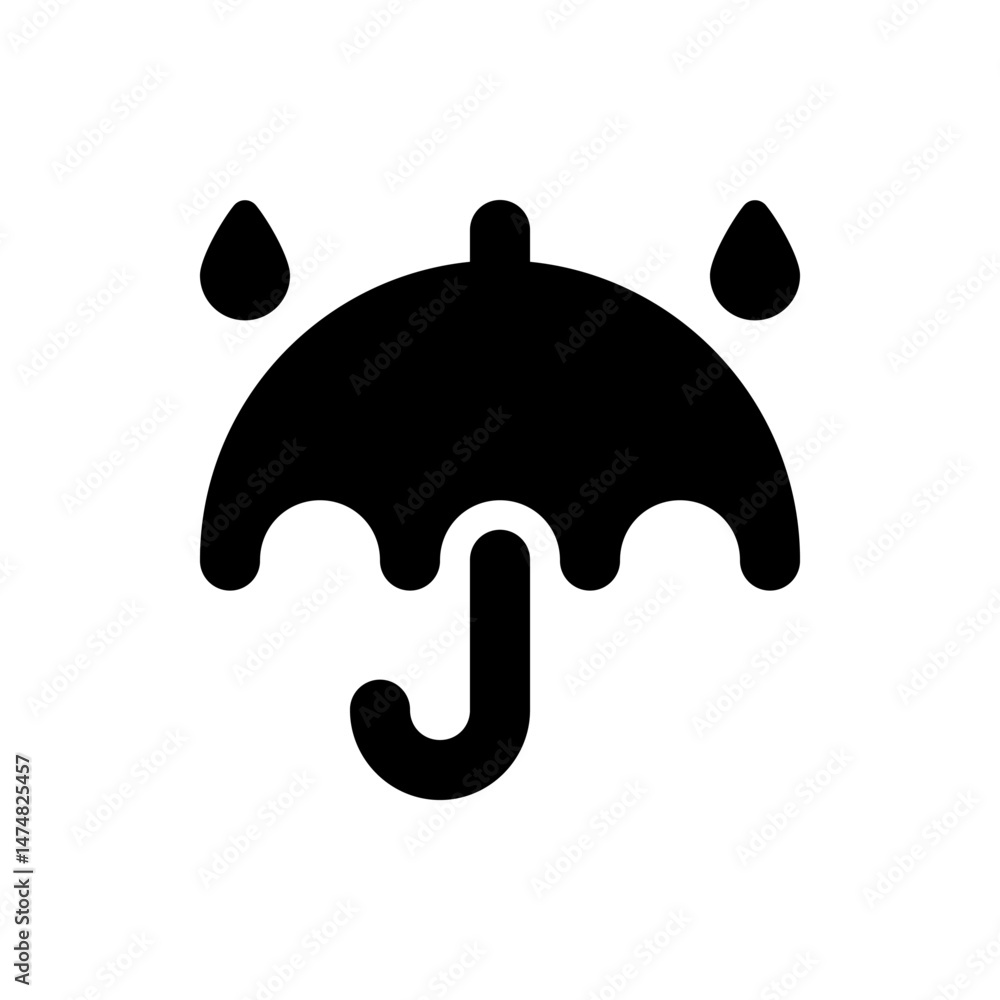 Poster illustration of a black umbrella with a curved handle and two raindrops in a simple vector style des
