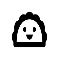 Illustration of a semi circle shaped dumpling with a smiling face in black and white color scheme design