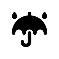 Illustration of a black umbrella with a curved handle and two raindrops in a simple vector style design