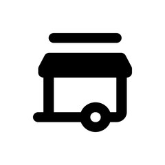 Illustration of a simple black food cart with a wheel and a rectangular canopy on a white background