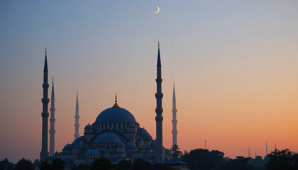 Fototapeta premium Silhouette of a mosque with minarets at dusk under a crescent moon sky view