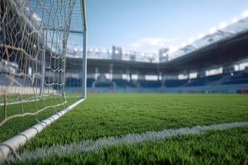 Fototapeta premium Empty soccer stadium with green field and goal.