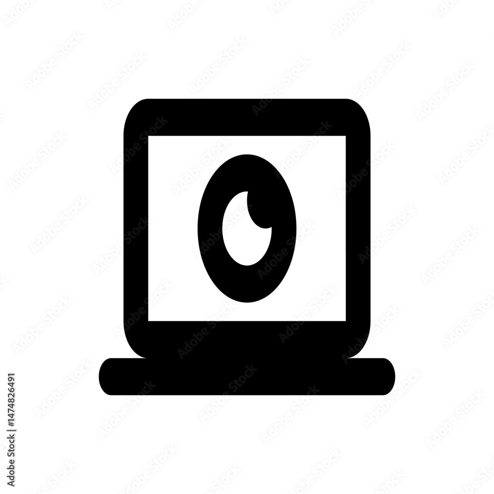 Poster illustration of a laptop computer with a circular camera symbol displayed on the screen in black col