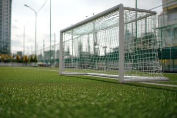 Naklejka premium Empty soccer goal on artificial turf field.
