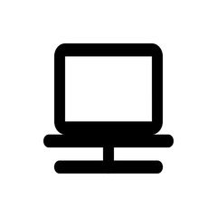 A simple black and white icon of a desktop computer with a rectangular screen and a stand on a white background