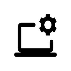 Black silhouette of a laptop computer with a gear icon above it, representing settings and configuration