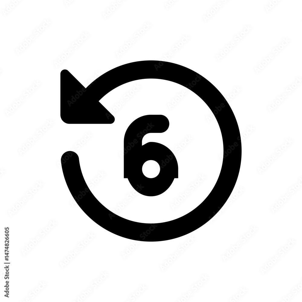 Poster circular arrow pointing left with the number six inside the circle in a simple black and white desig