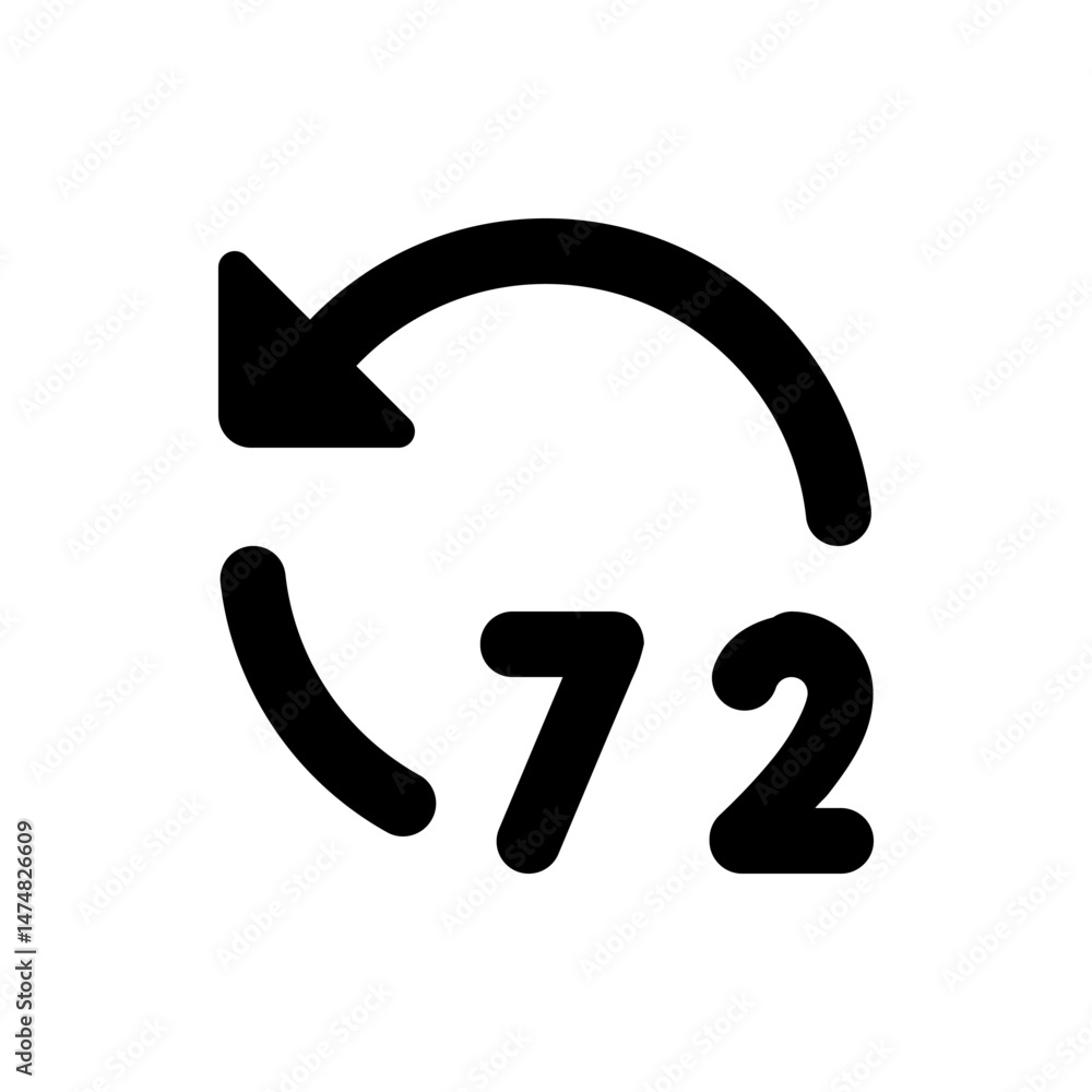 Poster a black circular arrow pointing left above the number seventy two in a simple and bold graphic desig