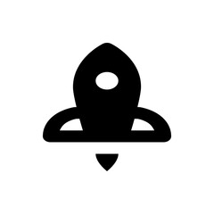 A stylized black rocket with a round window and a flame trail on a white background flying up high