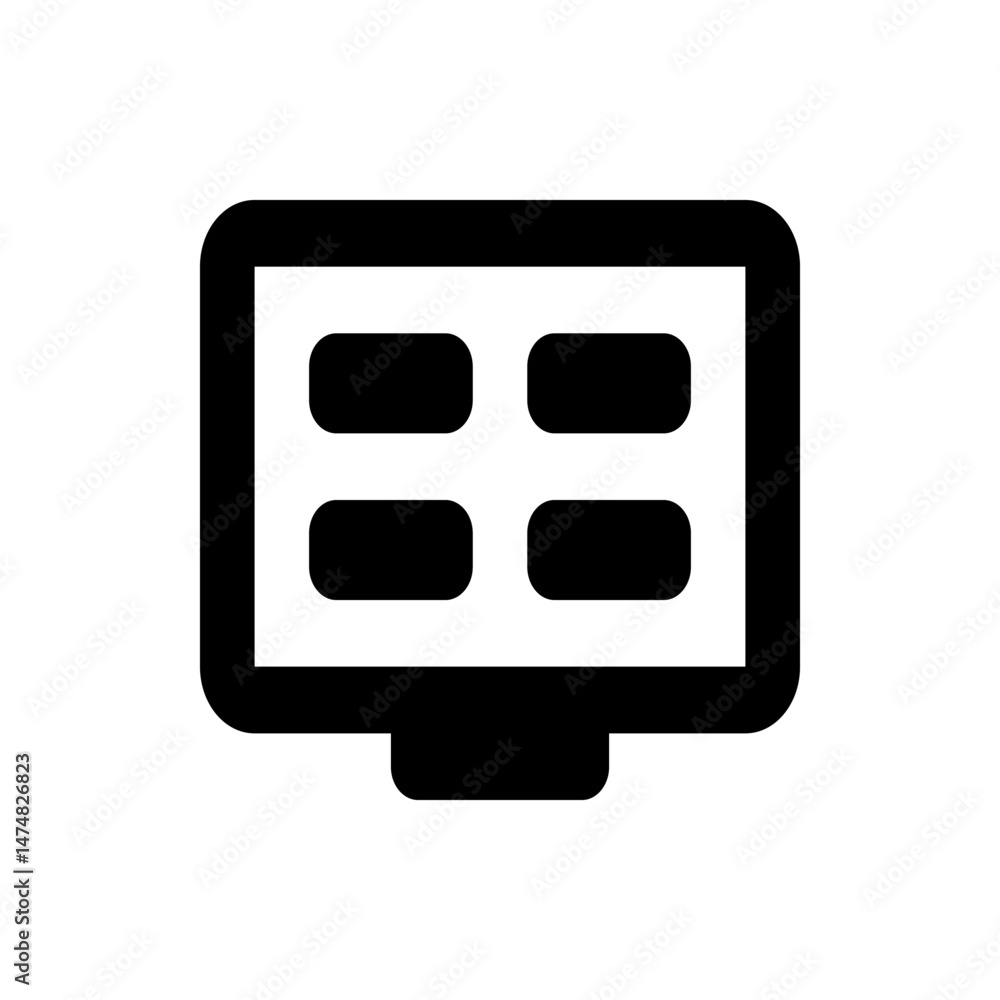 Poster black and white icon of a computer monitor displaying four rectangular windows on the screen icon de