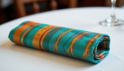 a crisp rolled napkin, its surface adorned with a bold teal and gold striped pattern that mirrored the vibrant hues of a tropical sunset, sat majestically on a pristine white dining table