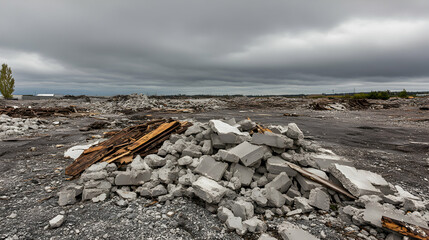 Demolished concrete debris piles up across damaged terrain site cleanup