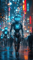 Futuristic robots in a vibrant city at night
