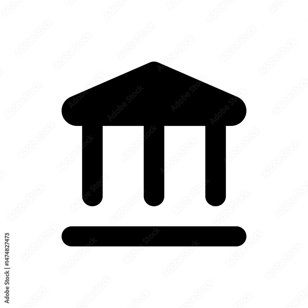 Poster illustration of a simple black building with triangular roof and three pillars on a white background