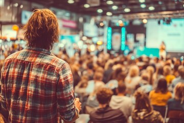 Fototapeta premium Crowd engaged at a conference in a large venue with a speaker presenting on stage during an afternoon session