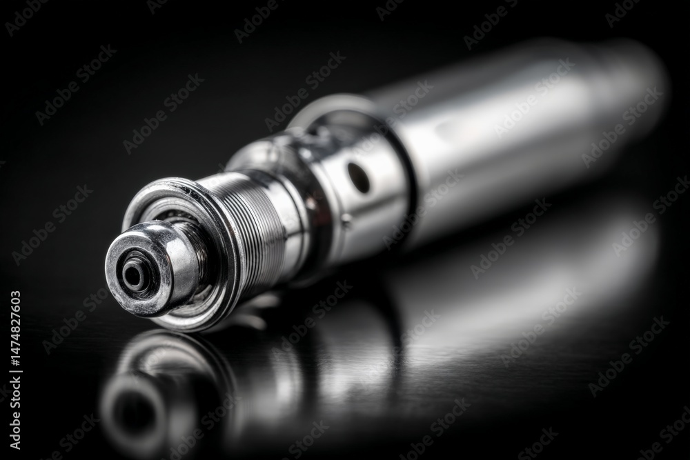 Poster close-up of a sleek silver vape component on a reflective surface in a modern setting