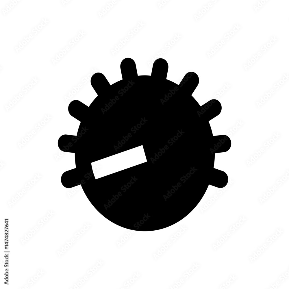 Poster a black round object with protruding rounded shapes and a white rectangle on the surface isolated on