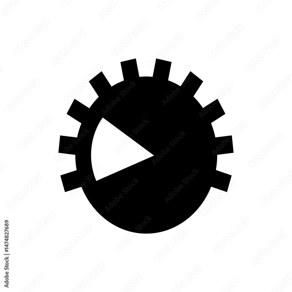 Poster black gear shape with multiple teeth around the edge and a white triangle inside against white backg