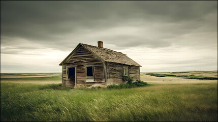 Weathered house sits decaying desolate prairie under clouded sky