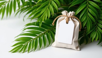 a mockup showcases a reusable cloth pouch, its blank tag inviting personalization, nestled amongst a lush canopy of vibrant green tropical leaves.