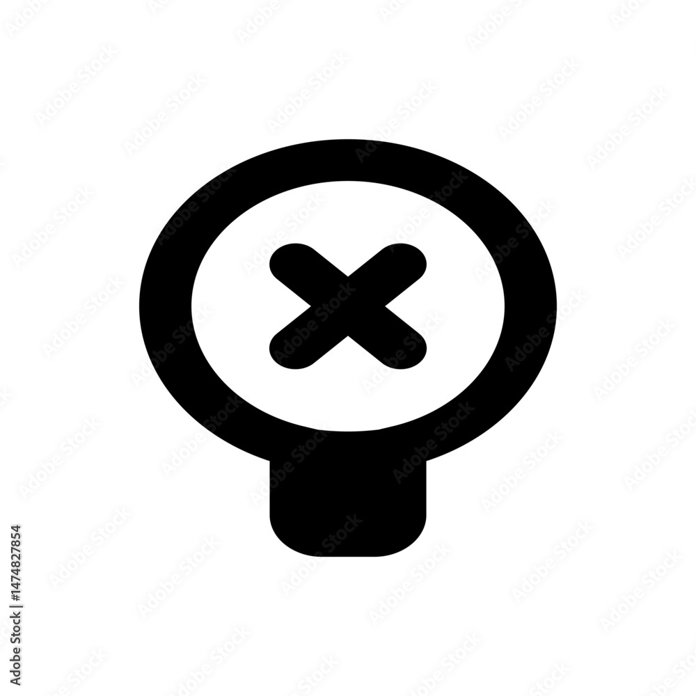 Poster black and white graphic of a lightbulb shape with a circle and an x inside, simple and minimalistic 
