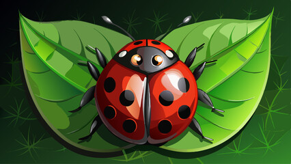 Fototapeta premium A close-up photo of a red and black ladybug on a green leaf with a dark background