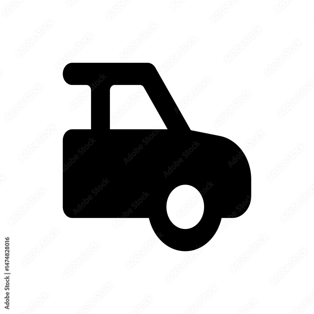 Poster a simplistic black silhouette of a car with rounded edges and a single visible wheel on a white back