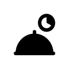 Black silhouette of a food cloche with a clock indicating time for meal service or delivery shown above it