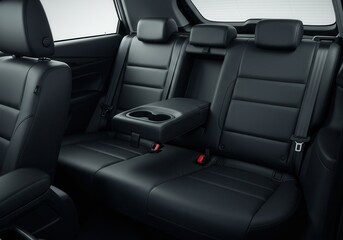 Close up of the dark leather back seats with headrests in a car with a center armrest folded down