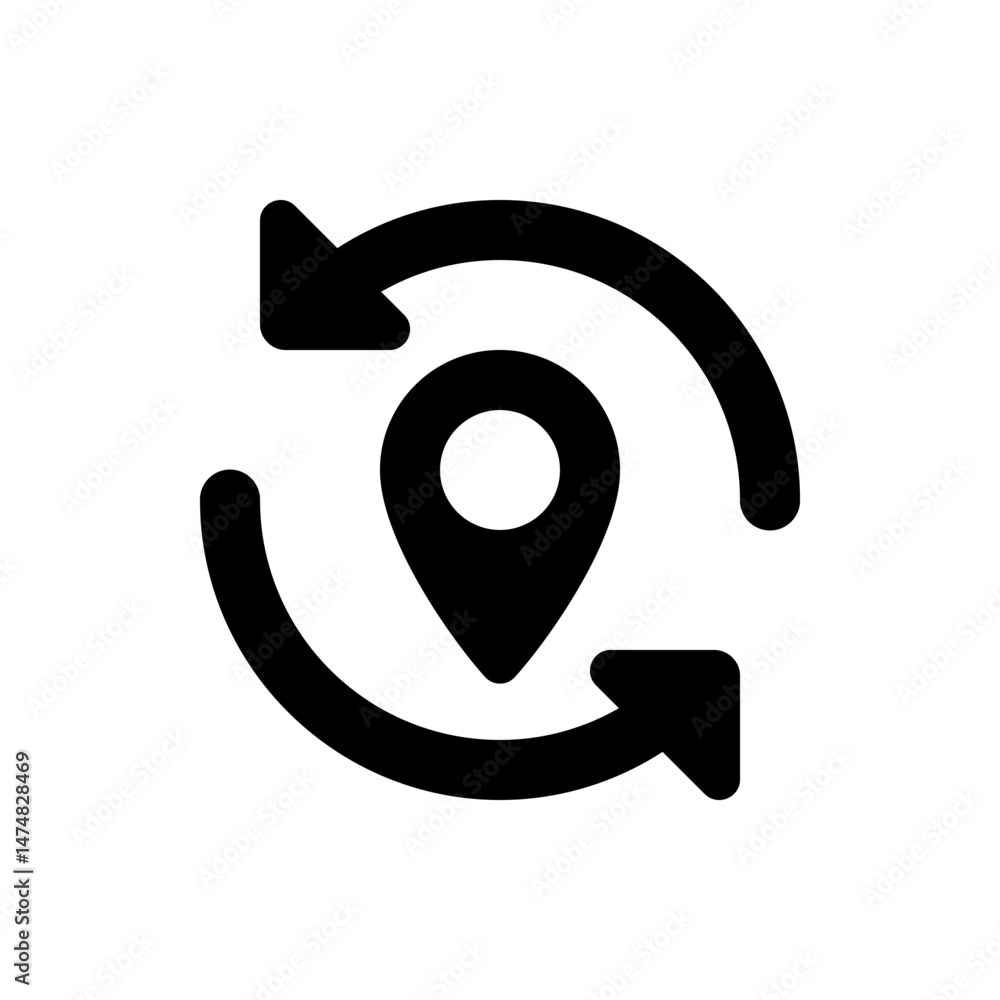 Poster location pin with circular arrows indicating refresh or update around the map marker in black and wh