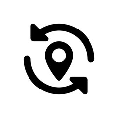 Location pin with circular arrows indicating refresh or update around the map marker in black and white