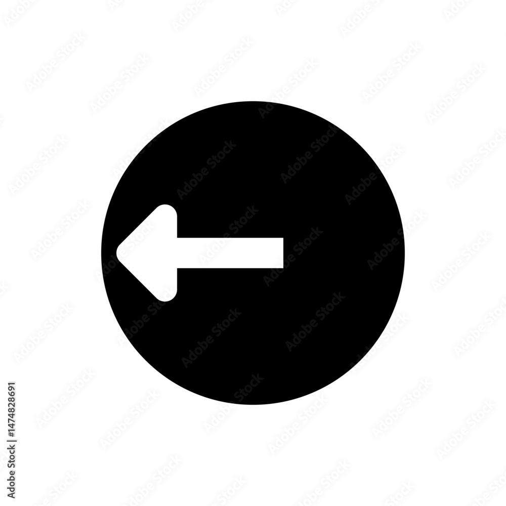 Poster white left arrow inside a black circle pointing to the left direction on a white background view ima