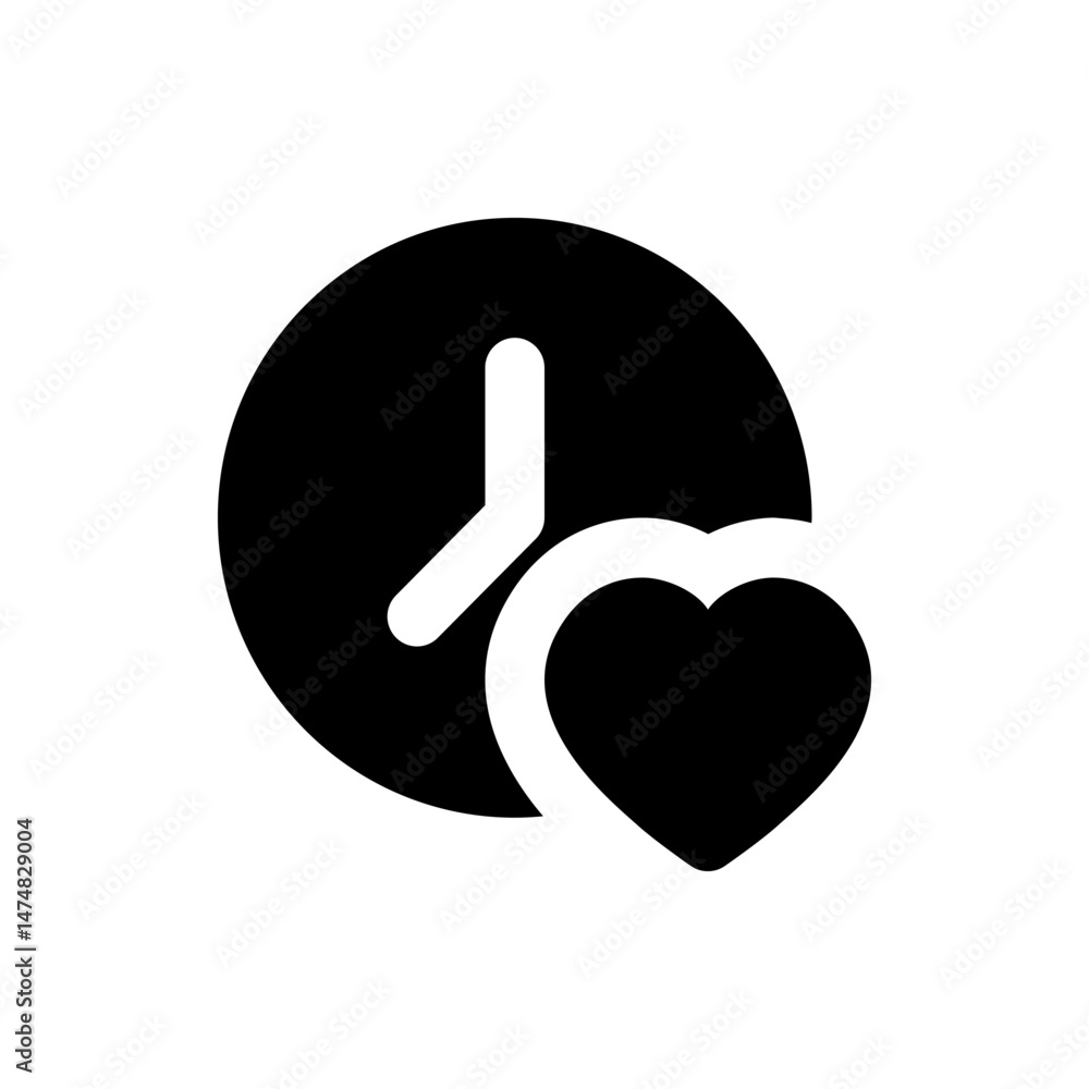 Poster a simple black and white icon showing a clock with hands and a heart shape overlapping the lower rig