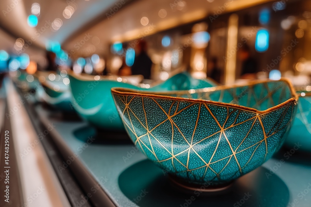 Poster Elegant turquoise bowls with intricate designs displayed in a modern shop setting around evening time
