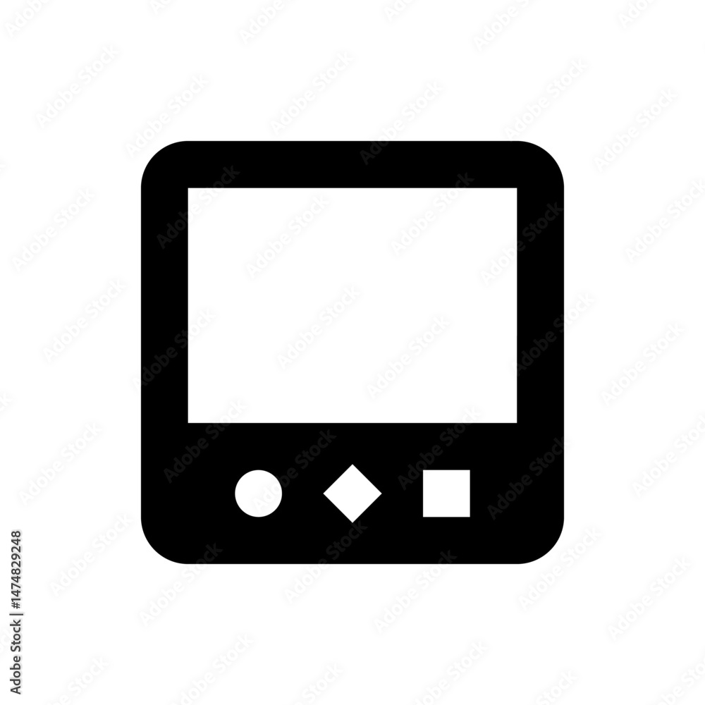 Poster black tablet device with a white screen and three geometric shapes at the bottom in a simple design