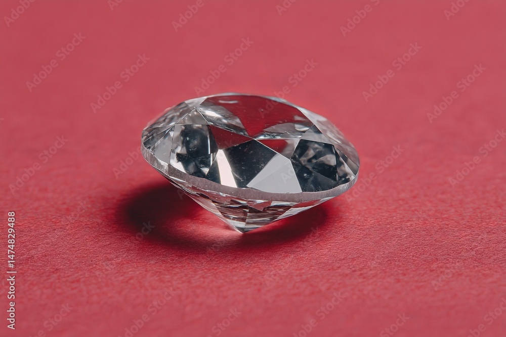 Poster Sparkling diamond resting on bold red surface highlighting its facets and brilliance
