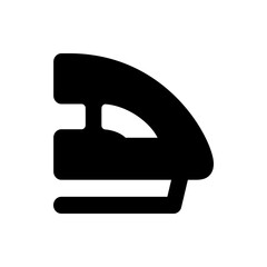 Silhouette of a black clothing iron with a curved handle and a flat base on a white background view