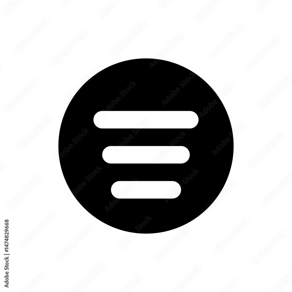 Poster three horizontal white bars with rounded ends centered in a black circle solid background icon desig