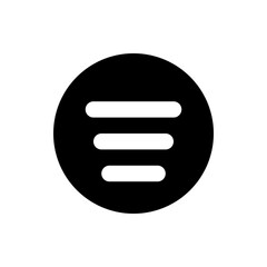Three horizontal white bars with rounded ends centered in a black circle solid background icon design