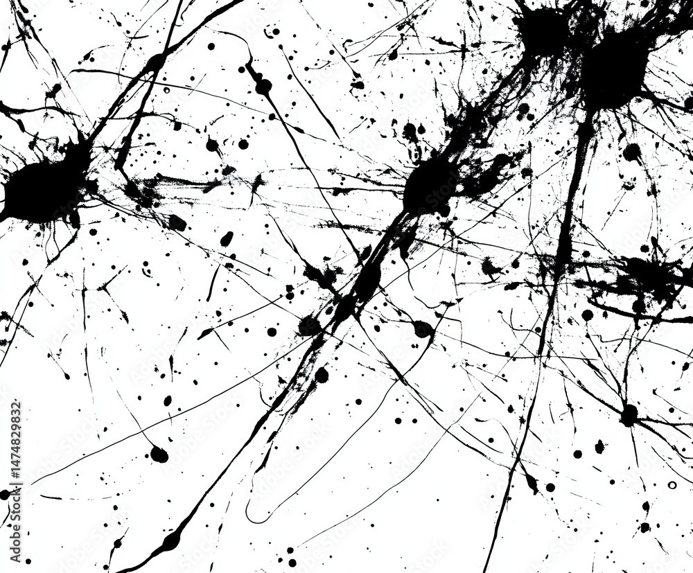 Poster Abstract ink splatter art on white background.  Intricate network of black ink splatters and streaks, creating a dynamic and chaotic composition
