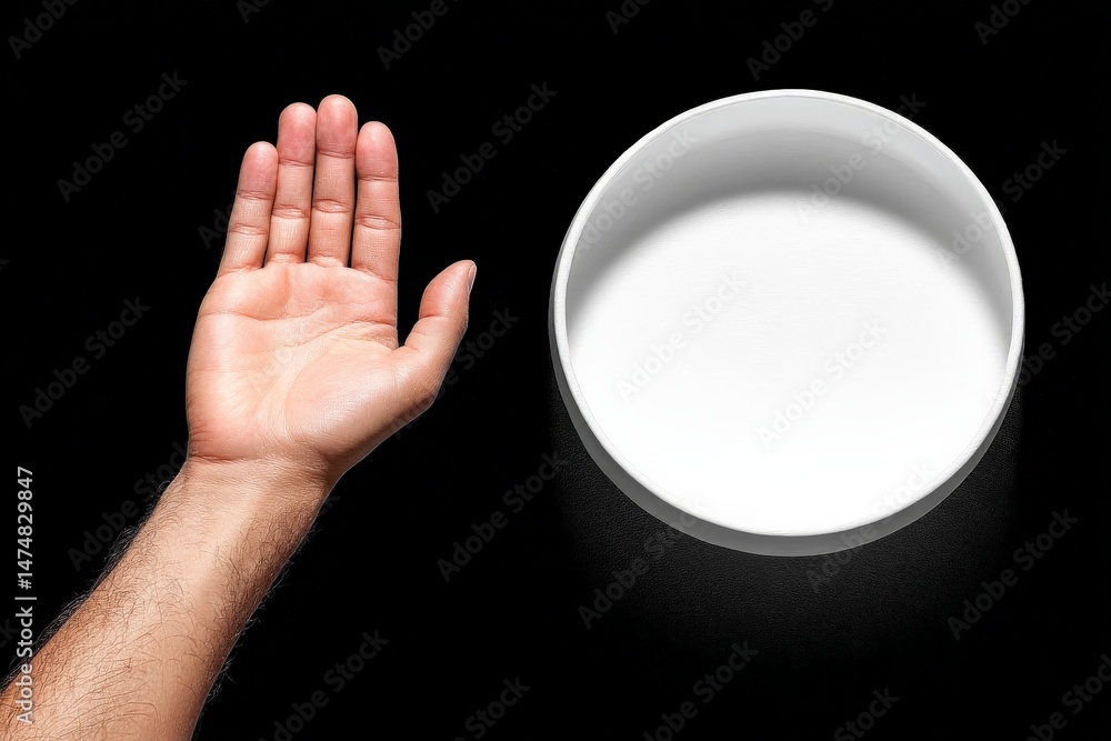 Poster Hand reaching towards a white bowl demonstrating a simple interaction in a minimalist setting