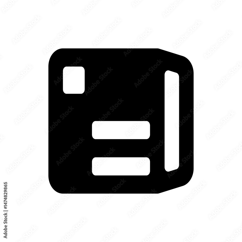 Poster black floppy disk icon with white details including a square and two horizontal lines on a white bac