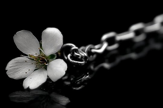 Delicate white flower resting on a silver chain with reflective surface - Powered by Adobe