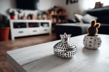 Decorative silver container on a wooden table in a cozy living room with plants and modern furniture
