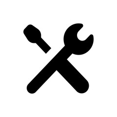 A black and white illustration of a wrench and a screwdriver crossed over each other in a simple design