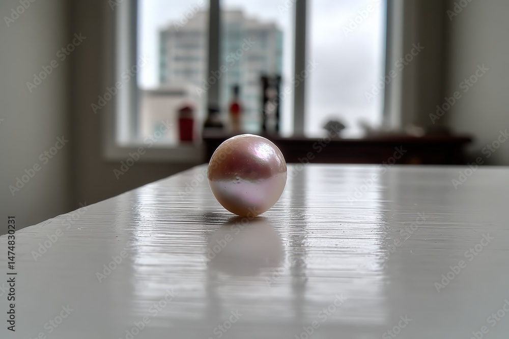 Aufkleber pearl rests on a polished surface with city skyline backdrop reflecting soft sunlight in an urban se