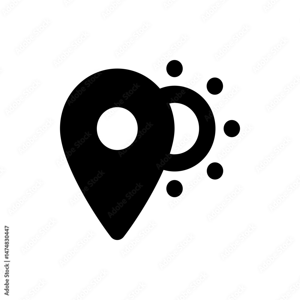 Poster black location pin icon with a white circle inside next to a half circle and several dots on the rig